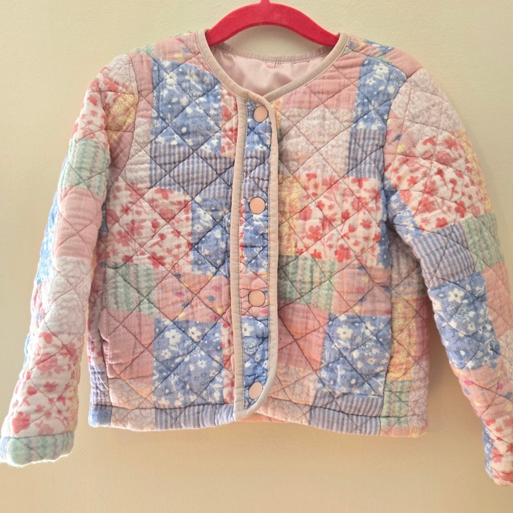 Tu Kids Girls Patchwork Quilted Jacket Pastel Floral Stripe Snap Front Size 4-5Y